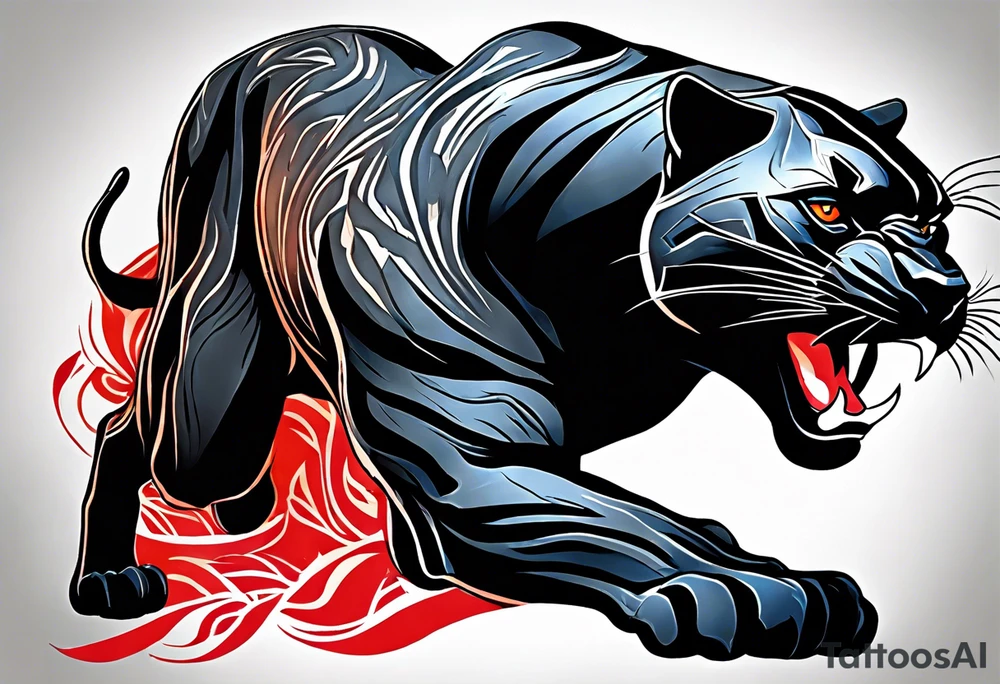 unique black panther tattoo, dynamic pose, showcasing its strength and grace, striking red eyes, intense and captivating elements, artistic flair, blending realism with abstract elements tattoo idea