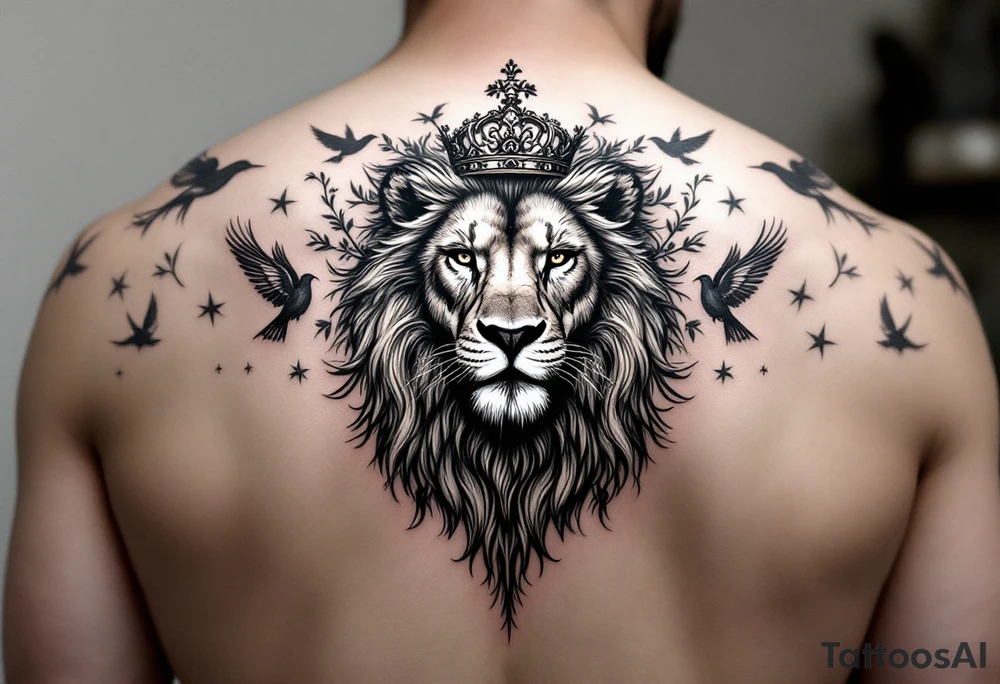 powerful majestic lion with a crown, surrounded by floral ornaments and birds tattoo idea