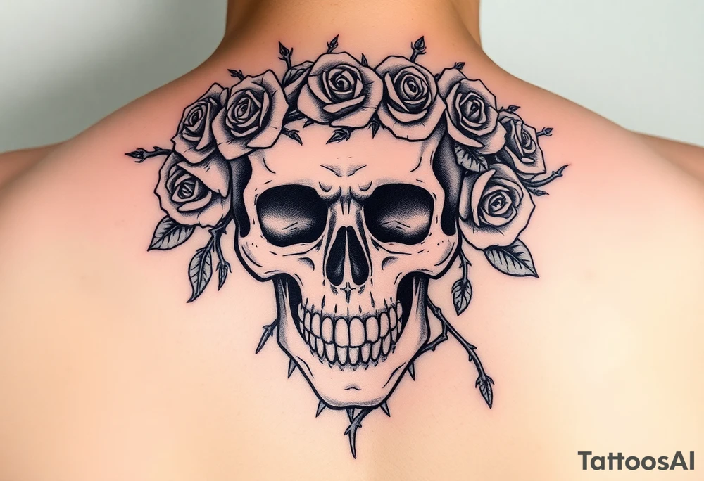 ornate skull adorned with crown of wild roses and thorns tattoo idea