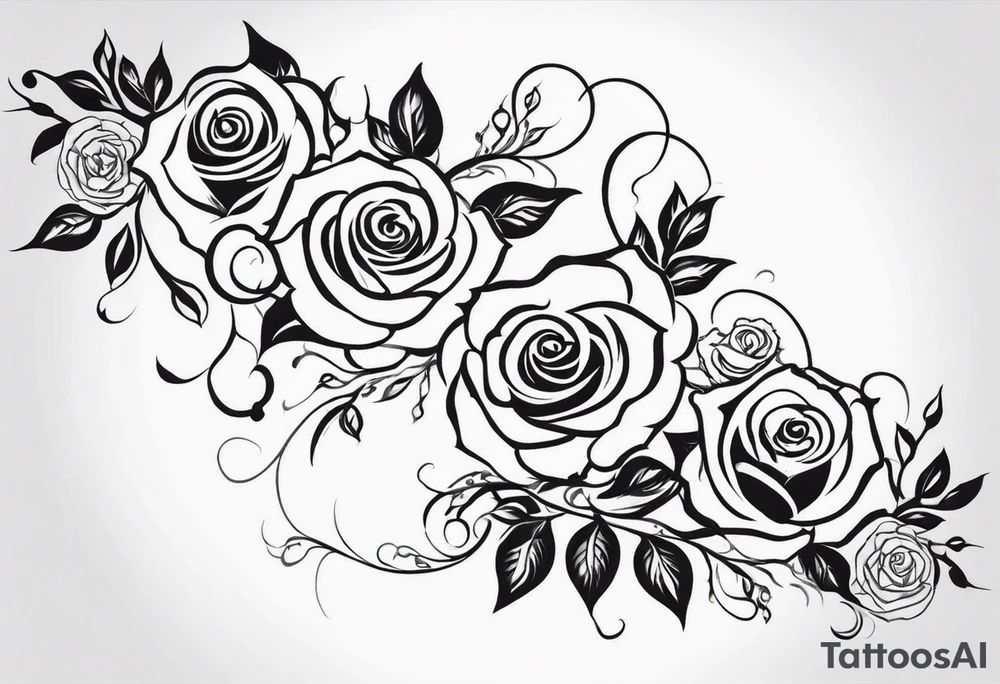draw image of sleeve tattoo that has 65 small roses on a vine, they can be different sizes. It is long and narrow in design so it fits on an arm. The vine has some leaves and thorns but not too many. The roses will be a mix of small and medium size with some front on and others side on. the tattoo is for a male tattoo idea