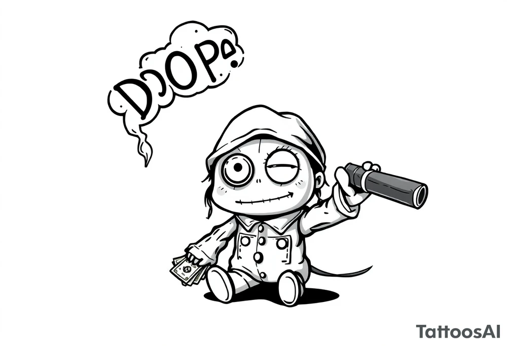 Stitched up rag doll with a button as one eye and some thread as the other. Holding some money in one hand and a cigar in the other hand. Smoke pouring off the cigar with the cloud of smoke above spelling out the word DOPE tattoo idea