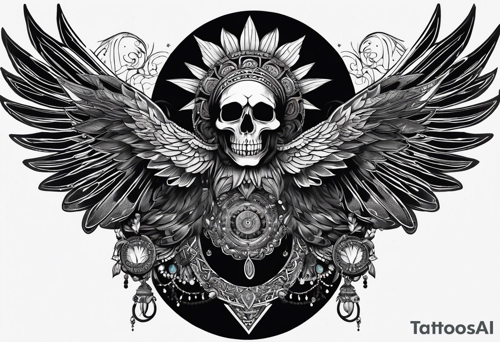 black kali, goddess pirate, alien, pachamama, valkrye, warrior, skull, lotus azul, wing, eagle, zenza resonance, stars, one side chest tattoo idea