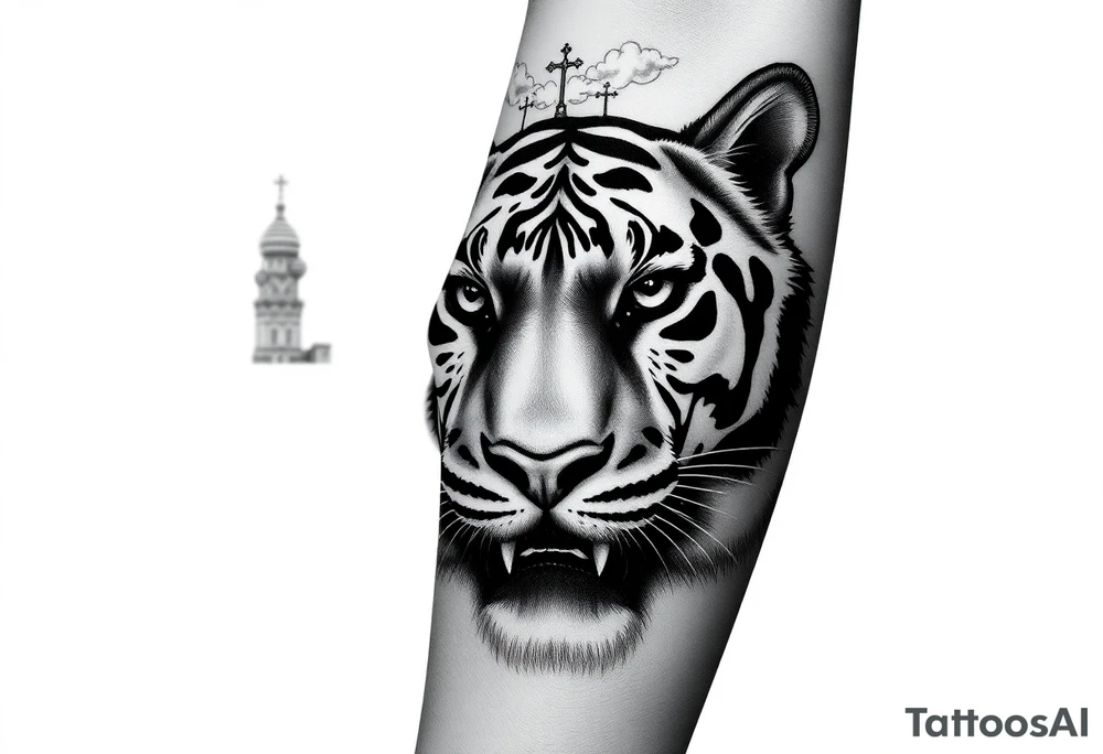 Realistic tiger face on the back of the hand with strong contrast and fine detail with hollow black eyes. with a highly detailed Russian Orthodox cathedral sitting above on fore arm with onion domes and orthodox crosses, done in fine line, engraving-like style. Cohesive composition, black ink only, no color, high contrast, slightly aged, documentary-style, plain light background. with clouds above and a virgin mary tattoo idea
