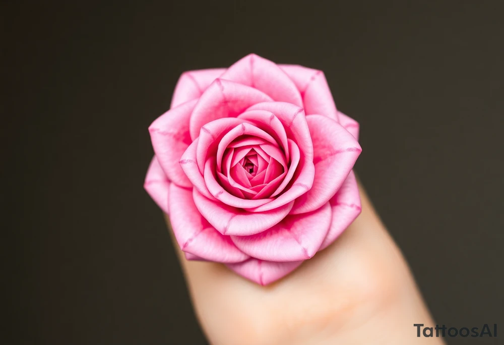 The pink rose appears as if viewed through a mesmerizing kaleidoscope, with its delicate petals radiating outward in a perfectly symmetrical, fractal-like pattern. Shades of soft blush and vibrant magenta blend seamlessly, creating a hypnotic, almost surreal visual effect that draws the eye deeper into its intricate layers. The petals seem to fold and reflect infinitely, forming geometric shapes that shift and transform, giving the rose an ethereal, dreamlike quality. tattoo idea