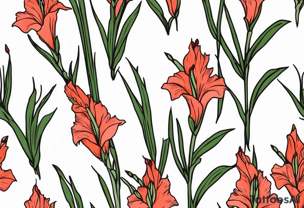 a single, thin, narrow gladiolus stalk. green leaves. coral-colored flowers with deep red centers. tattoo idea