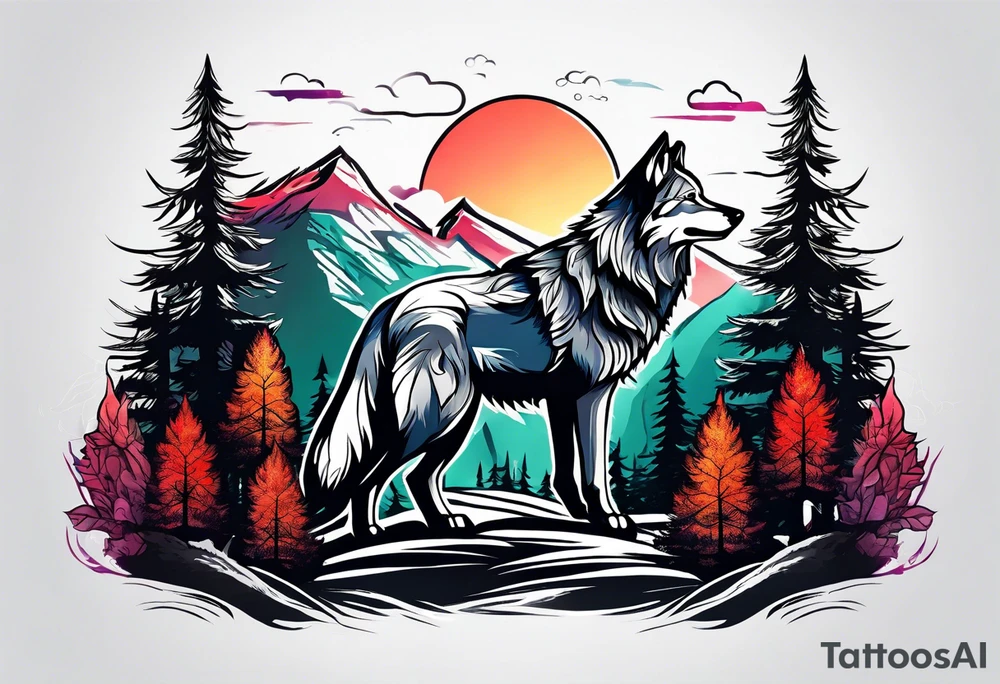 Forest and mountains in wolf body tattoo idea