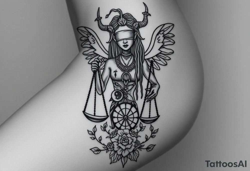 Black Sylph with dreads wearing blind fold and ankh pendant with tattoos holding weighing scales with the sun and moon rose vines surrounding and Anubis guarding tattoo idea