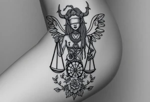 Black Sylph with dreads wearing blind fold and ankh pendant with tattoos holding weighing scales with the sun and moon rose vines surrounding and Anubis guarding tattoo idea