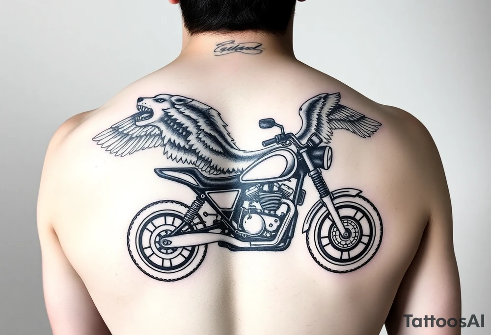a motorcycle on it with guardian angel wolves on the bike tattoo idea