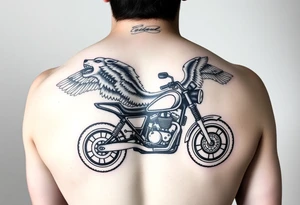 a motorcycle on it with guardian angel wolves on the bike tattoo idea