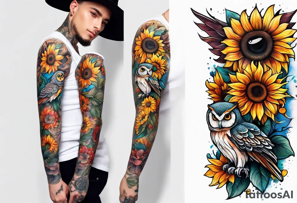 Arm sleeve with colorful sunflowers and an owl tattoo idea