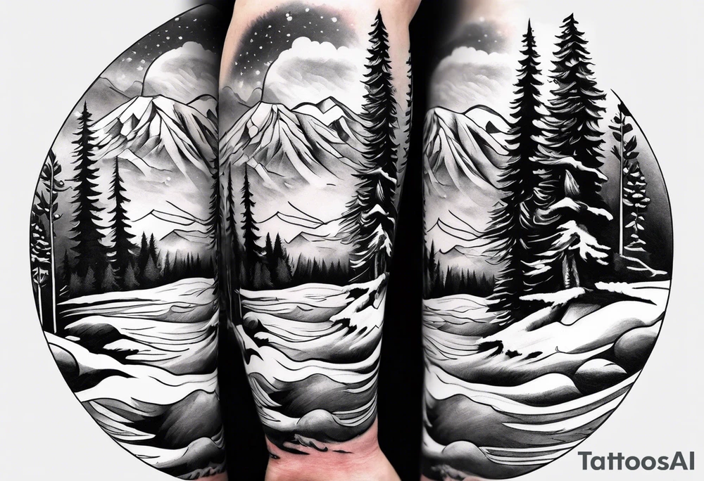 arm sleeve with trees, mountains and snow skier tattoo idea