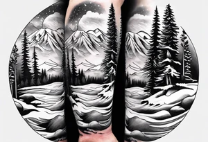 arm sleeve with trees, mountains and snow skier tattoo idea