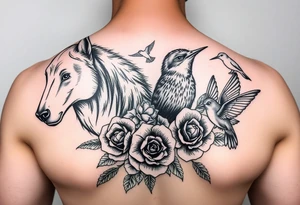tattoo design featuring: wolf, horse, owl, dog, swallow, hummingbird - all interwoven with roses tattoo idea