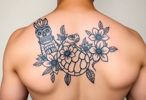 Tiki, flowers, waves, equine, turtle, #299 (Small), black, old school, upper arm tattoo idea