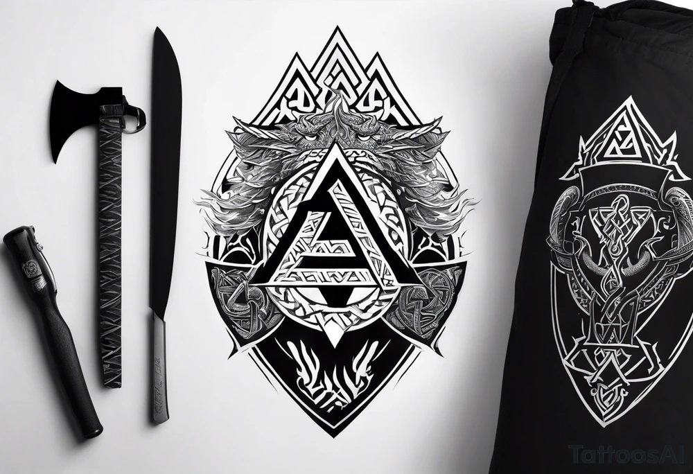 Valhalla sword shield dragon axe Valknut fire tattoo idea Valhalla sword shield dragon axe Valknut fire tattoo idea