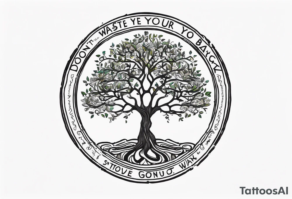 Tree of life sourounded with the text of "dont waste your time back you're not going that way" tattoo idea