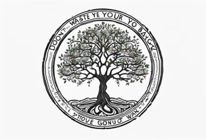 Tree of life sourounded with the text of "dont waste your time back you're not going that way" tattoo idea