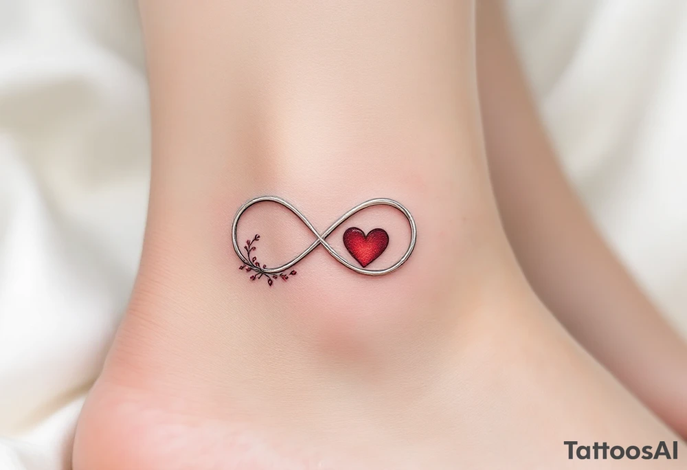 A silver infinity symbol with a deep crimson heart woven into one side. tattoo idea