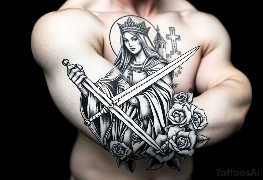 Saint Barbara carrying a sword detailed with a castle tower in the background, and roses tattoo idea