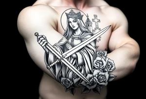 Saint Barbara carrying a sword detailed with a castle tower in the background, and roses tattoo idea