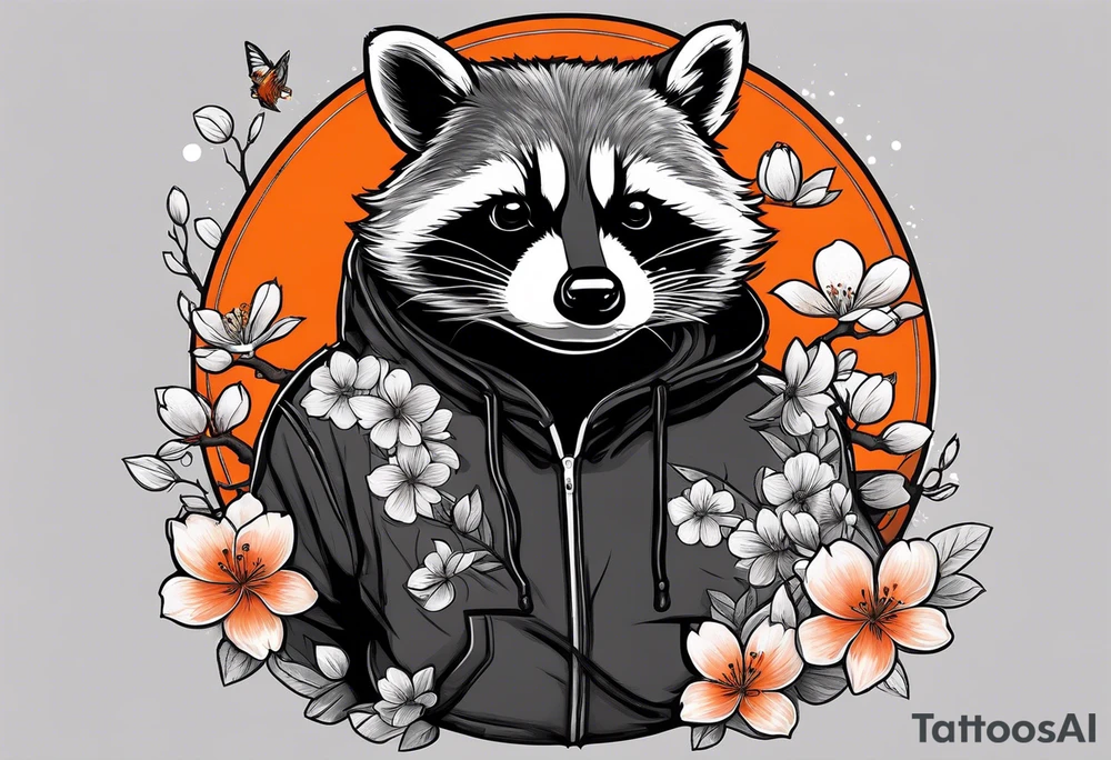 Raccoon wearing a white Superman logo on a black hoodie and orange Japanese cherry blossoms tattoo idea