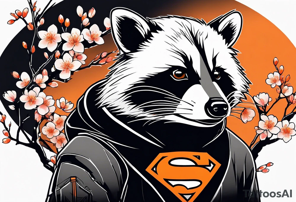 Raccoon wearing a white Superman logo on a black hoodie and orange Japanese cherry blossoms beside tattoo idea