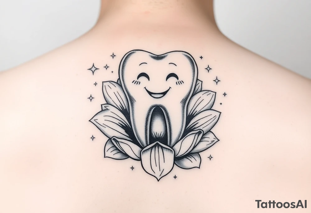 A smiling molar tooth sitting inside an open flower, surrounded by tiny sparkling stars, fine-line style, minimal and delicate. tattoo idea