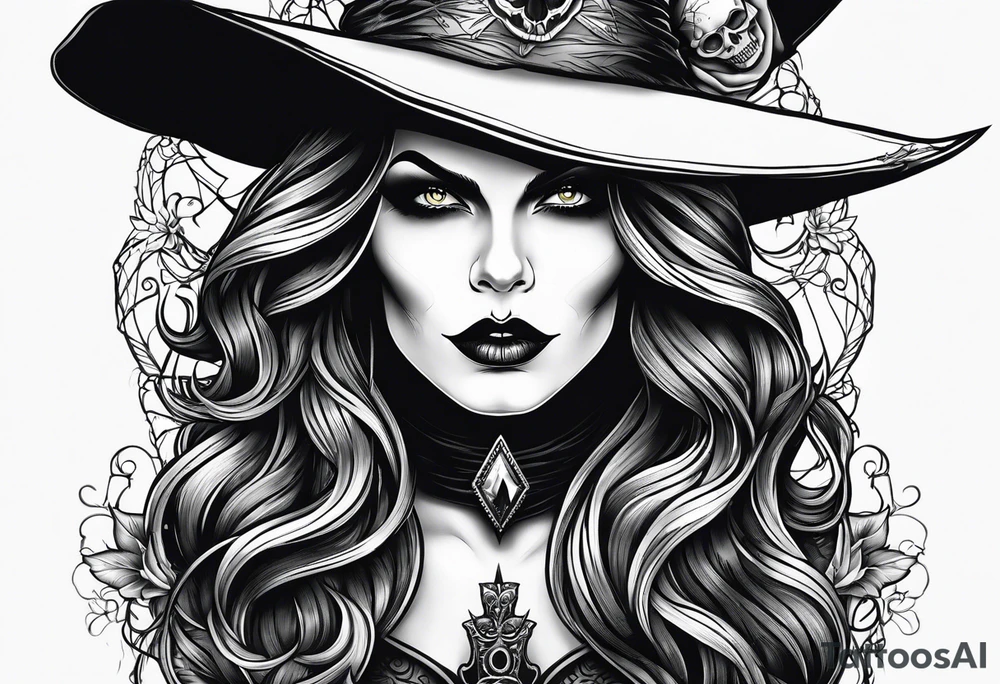 wicked witch face with just skull hair and hat tattoo idea