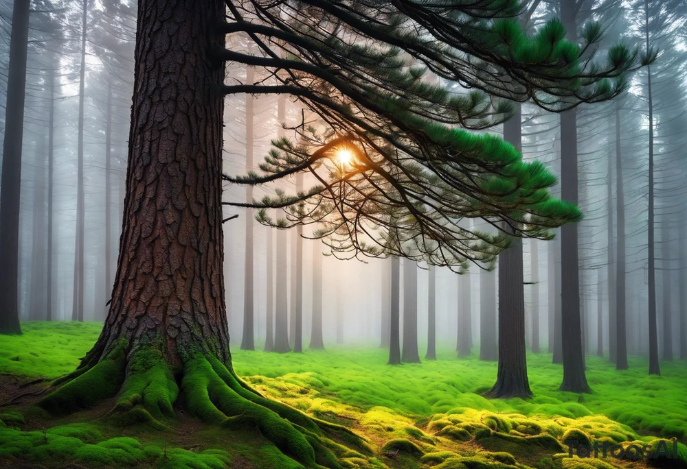 A majestic pine tree standing tall in a serene forest, with vibrant green needles covering only one side of the tree. The other side is stark and bare, with branches exposed and no leaves. The scene is bathed in soft, early morning light, creating a contrast between the lush side and the barren side of the tree. The forest background is dense and green, emphasizing the unique appearance of the pine tree. --v 5 --ar 16:9 --q 2 tattoo idea