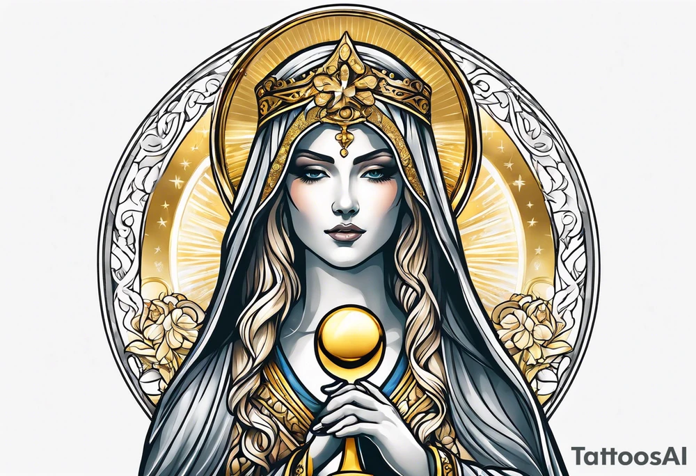 holy saint woman with golden halo holding a chalice tattoo idea