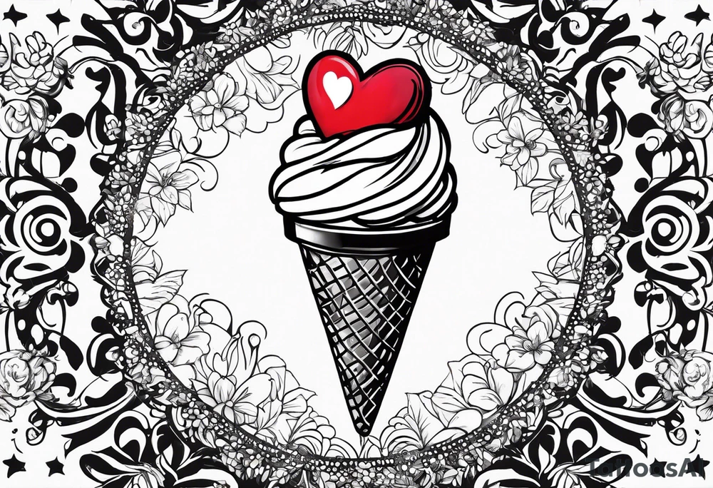 sketch chocolate chip ice cream cone with one red heart tattoo idea