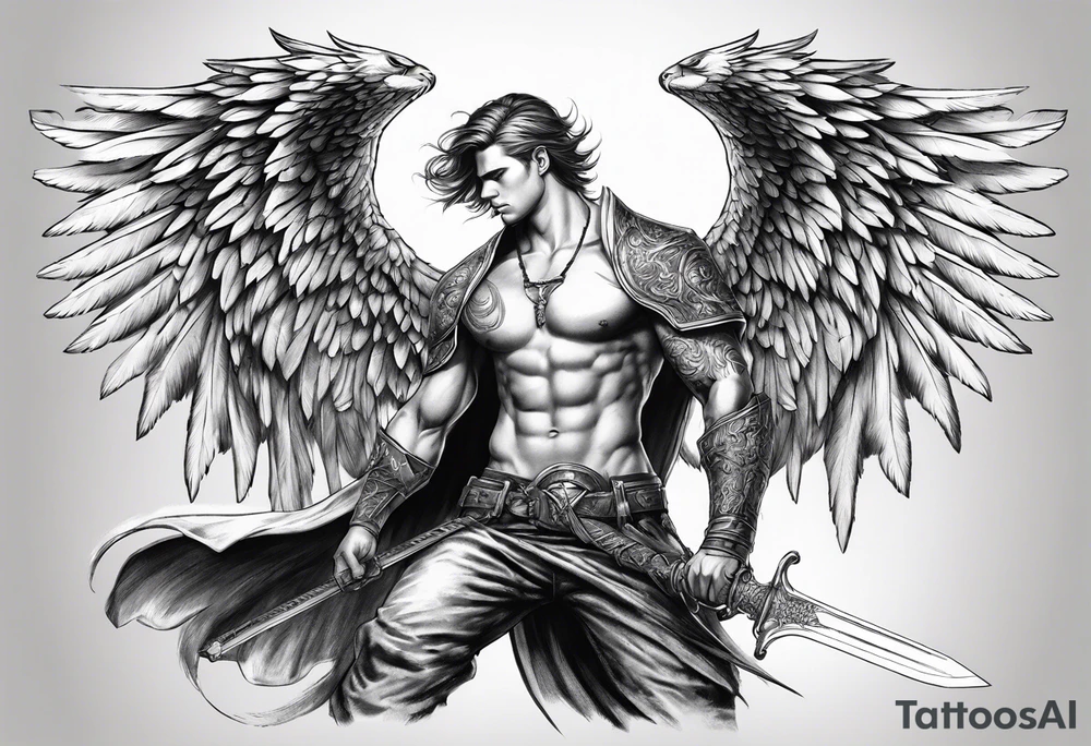 Arch angel fighting sword male full body short hair tattoo idea