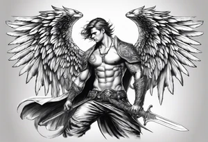 Arch angel fighting sword male full body short hair tattoo idea