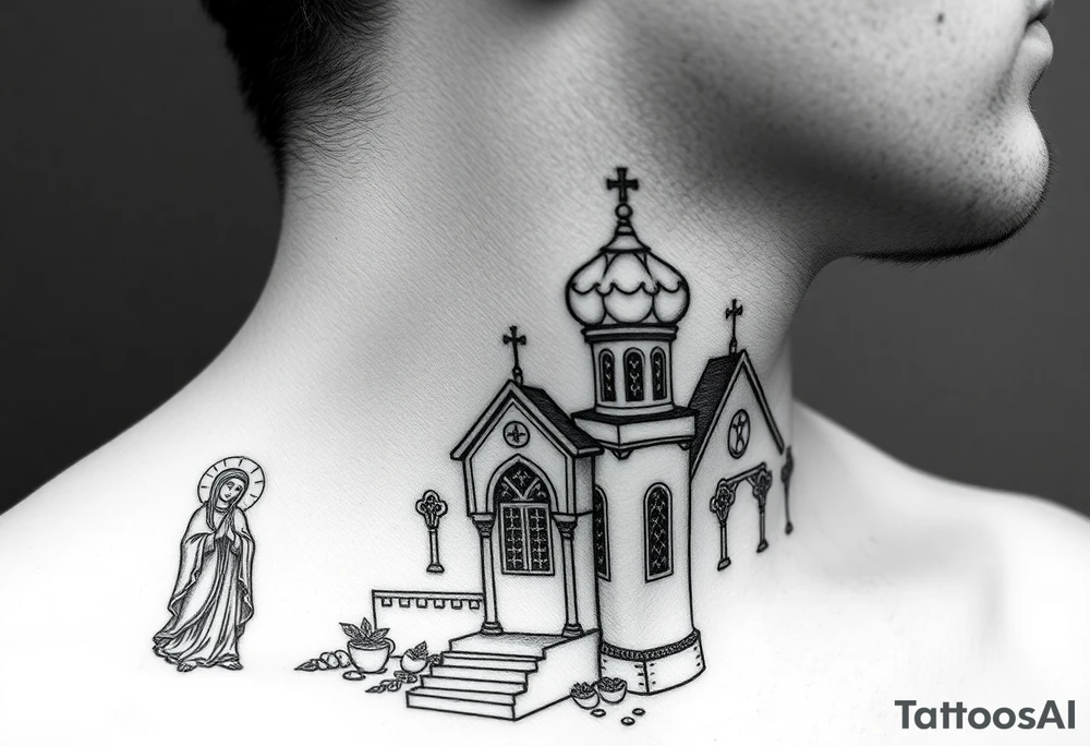 medium sized Russian orthodox church with bulb domes with a prominent russian orthodox style virgin mary stood outside to the left tattoo idea