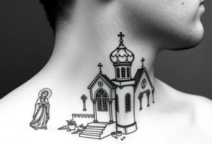medium sized Russian orthodox church with bulb domes with a prominent russian orthodox style virgin mary stood outside to the left tattoo idea
