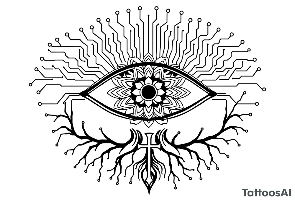 Central Element: A large, stylized eye is the focal point.

The iris of the eye is filled with a mandala pattern, symbolizing depth, balance, and inner awareness.

The lines are fine and clean, forming symmetrical layers and floral-like geometry within the mandala.

Upper Design: From the top of the eye extend circuit-like branches, mimicking electronic pathways.

These lines rise vertically and diagonally in symmetrical fashion, ending in rounded circuit nodes, representing intelligence, logic, and the digital mind.

Lower Design: From the bottom of the eye extend natural tree roots.

These branches flow organically and curve outward, grounding the symbol with themes of nature, growth, and spiritual connection.

Text Element: Below the tree roots is the word "σοφία" in Ancient Greek, meaning wisdom.

The font is clean and classical, giving it a timeless, philosophical presence.

Religious Symbol: Directly below the Greek word is a simple, black cross.

The cross is thin, minimal, and vertically aligned with the center of the eye, representing faith, spirituality, or divine guidance.

Placement: back tattoo idea