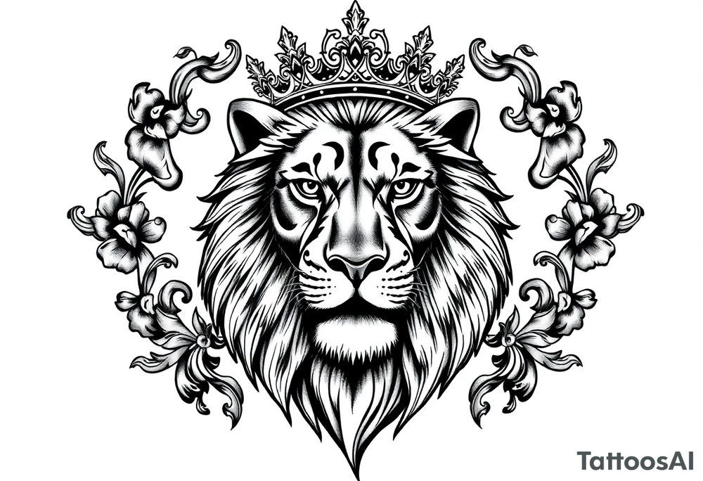 majestic lion wearing ornate crown, surrounded by baroque flourishes tattoo idea
