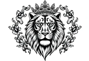 majestic lion wearing ornate crown, surrounded by baroque flourishes tattoo idea