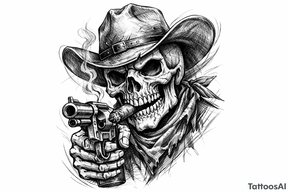 skull with cowboy-hat,a big cigar in his mouth and a gun in a hand. tattoo idea
