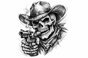 skull with cowboy-hat,a big cigar in his mouth and a gun in a hand. tattoo idea