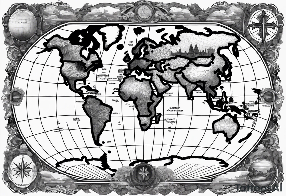 World map with the cross in the middle hovering over it tattoo idea World map with the cross in the middle hovering over it tattoo idea