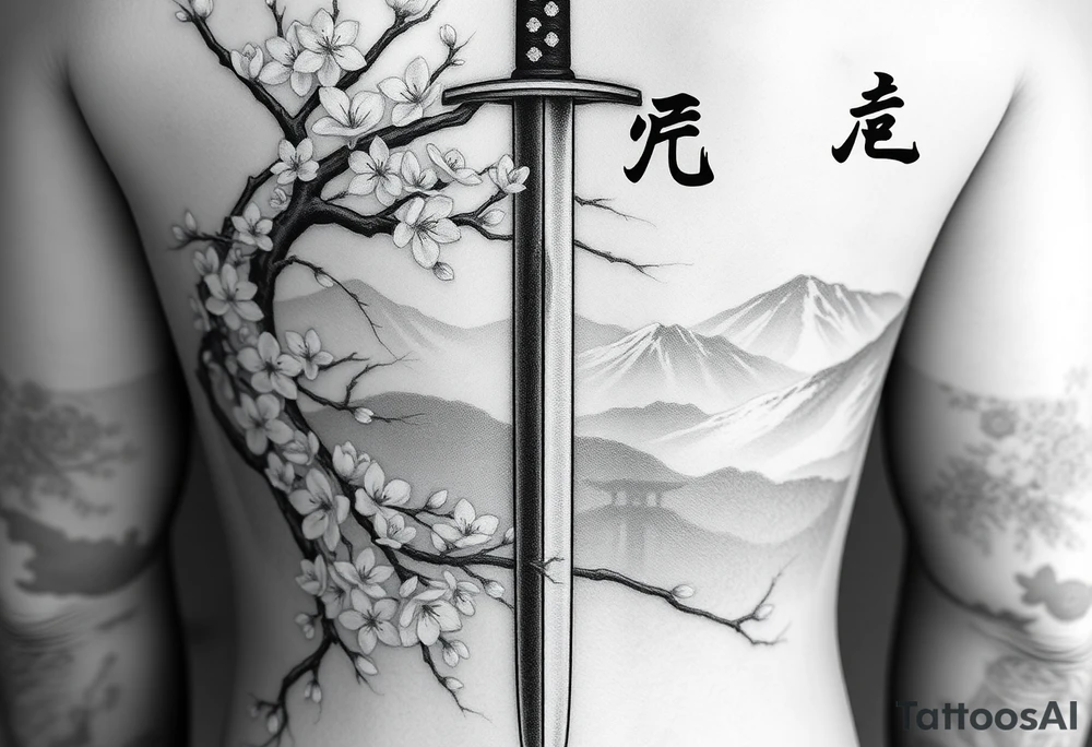 This is a black and gray realism tattoo rooted in discipline, duality, and intention. The centerpiece is a vertical katana, modeled after your original ink, clean and upright like a spine—symbolizing focus, precision, and grounded energy. It’s wrapped in the flowing limbs of a sakura tree, not as an accessory, but as an extension of the blade itself—representing beauty that blooms in adversity. Cherry blossoms aren’t scattered for aesthetics—they move with the wind, some drifting in the foreground, others clinging to the sword like it’s their protector. Behind it all sits a misty torii gate and layered mountains, giving the piece weight, history, and spiritual context. The kanji 平和の剣 (“Sword of Peace”) rides the piece vertically, not slapped on but earned—a message that resonates from the blade outward. The shading is deep and unifying, giving everything one breath, one tone, one story. Nothing floats, nothing competes. The sword doesn’t dominate the art—it becomes the axis around which peace, nature, and power orbit. tattoo idea