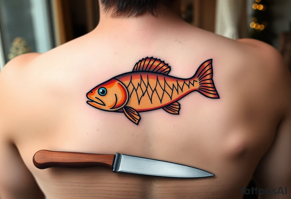 A carp resting on a wooden table with a sharp knife nearby, symbolizing the Czech Christmas tradition, in muted browns and soft golden tones. tattoo idea