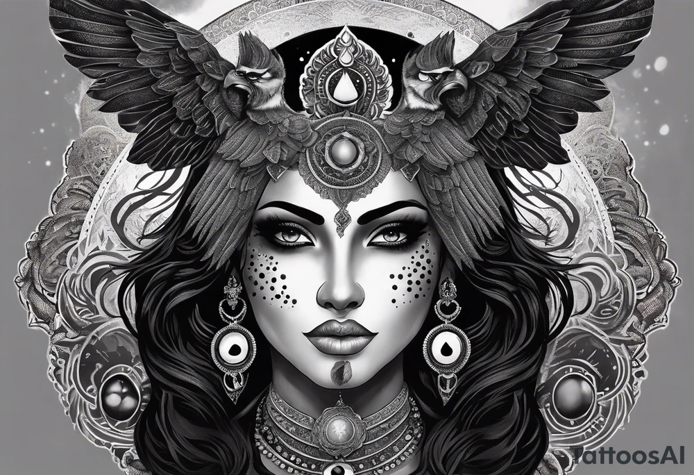 black kali, goddess pirate, alien, angel, pachamama, valkrye, warrior, flying, skull, lotus azul, wing, eagle, zenza resonance, stars, 5D, anahata chakra, death, durga, riding on a tiger, flying lady, kundalini, chest tatoo, samuri, rebel,s erpent tattoo idea