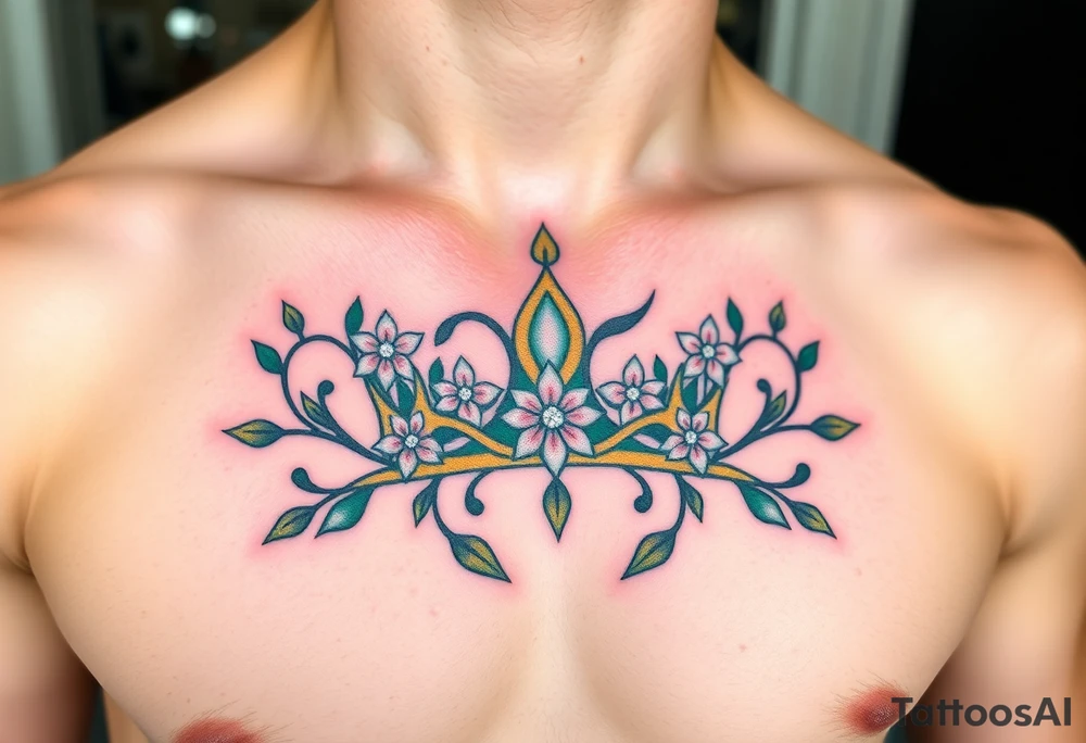 A crown made of intertwined vines with diamond flowers scattered throughout, rendered in green and gold with diamond-like sparkles in white and pale blue. tattoo idea