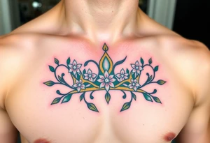 A crown made of intertwined vines with diamond flowers scattered throughout, rendered in green and gold with diamond-like sparkles in white and pale blue. tattoo idea