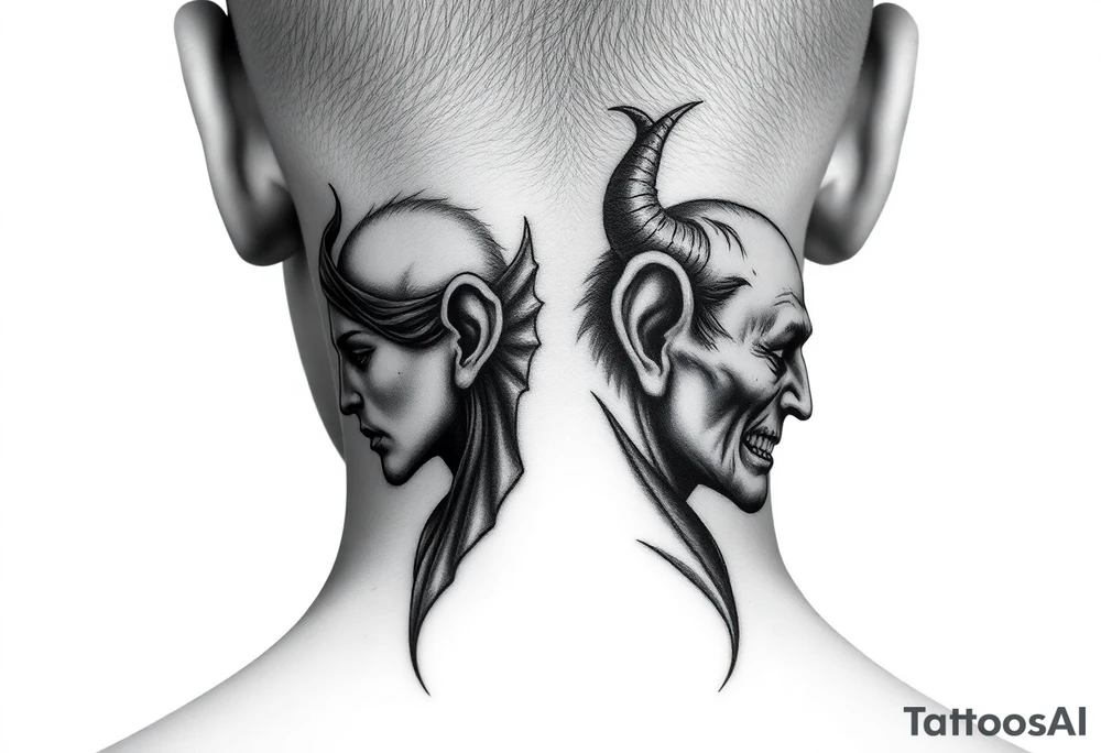 position behind the neck Angel (on the right) whispering in the right ear, demon (on the left) whispering in the left ear. It must be as realistic as possible. tattoo idea