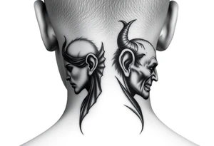 position behind the neck Angel (on the right) whispering in the right ear, demon (on the left) whispering in the left ear. It must be as realistic as possible. tattoo idea