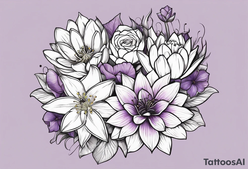 flower bouquet with 1 violet, 1 water lilly, and 1 narcissus tattoo idea